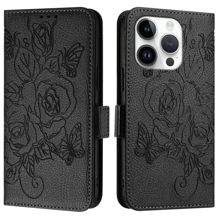 For iPhone 16 Pro Embossed Rose RFID Anti-theft Leather Phone Case(Black) - iPhone 16 Pro Cases by PMC Jewellery | Online Shopping South Africa | PMC Jewellery | Buy Now Pay Later Mobicred