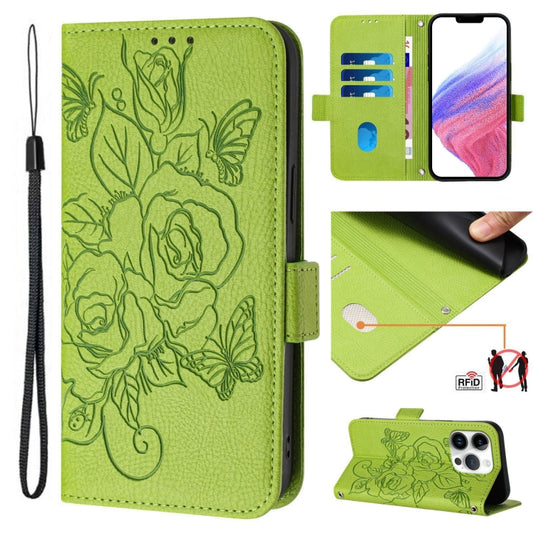 For iPhone 16 Pro Max Embossed Rose RFID Anti-theft Leather Phone Case(Green) - iPhone 16 Pro Max Cases by PMC Jewellery | Online Shopping South Africa | PMC Jewellery | Buy Now Pay Later Mobicred