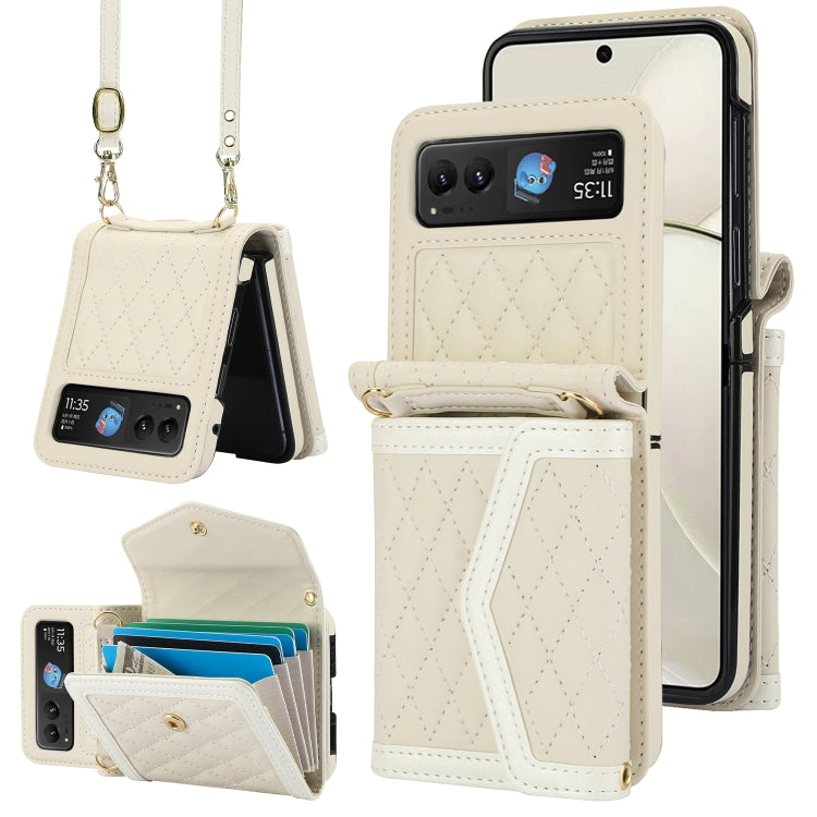 For Motorola Razr 40 Splicing Rhombic Texture Phone Case with Long & Short Lanyard(Beige) - Motorola Cases by PMC TechLife | Online Shopping South Africa | PMC TechLife | Buy Now Pay Later Mobicred
