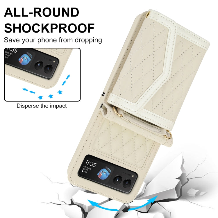 For Motorola Razr 40 Splicing Rhombic Texture Phone Case with Long & Short Lanyard(Beige) - Motorola Cases by PMC TechLife | Online Shopping South Africa | PMC TechLife | Buy Now Pay Later Mobicred