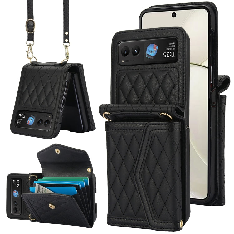 For Motorola Razr 40 Splicing Rhombic Texture Phone Case with Long & Short Lanyard(Black) - Motorola Cases by PMC TechLife | Online Shopping South Africa | PMC TechLife | Buy Now Pay Later Mobicred