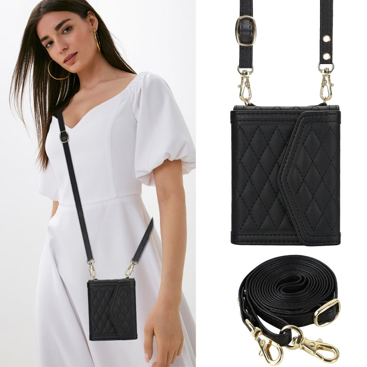 For Motorola Razr 40 Splicing Rhombic Texture Phone Case with Long & Short Lanyard(Black) - Motorola Cases by PMC TechLife | Online Shopping South Africa | PMC TechLife | Buy Now Pay Later Mobicred