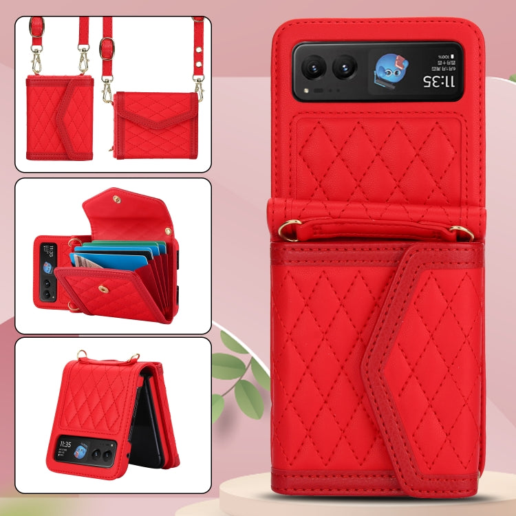 For Motorola Razr 40 Splicing Rhombic Texture Phone Case with Long & Short Lanyard(Red) - Motorola Cases by PMC TechLife | Online Shopping South Africa | PMC TechLife | Buy Now Pay Later Mobicred