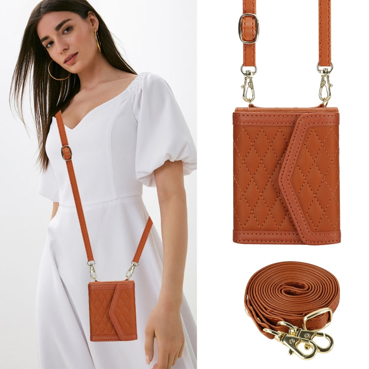 For Motorola Razr 40 Splicing Rhombic Texture Phone Case with Long & Short Lanyard(Brown) - Motorola Cases by PMC TechLife | Online Shopping South Africa | PMC TechLife | Buy Now Pay Later Mobicred