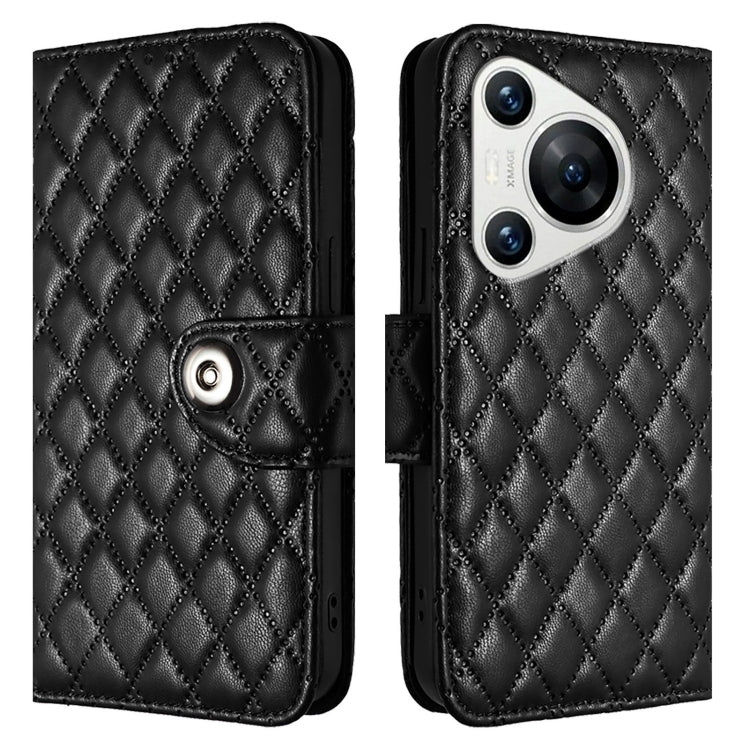 For Huawei Pura 70 Rhombic Texture Flip Leather Phone Case with Lanyard(Black) - Huawei Cases by PMC Jewellery | Online Shopping South Africa | PMC Jewellery | Buy Now Pay Later Mobicred