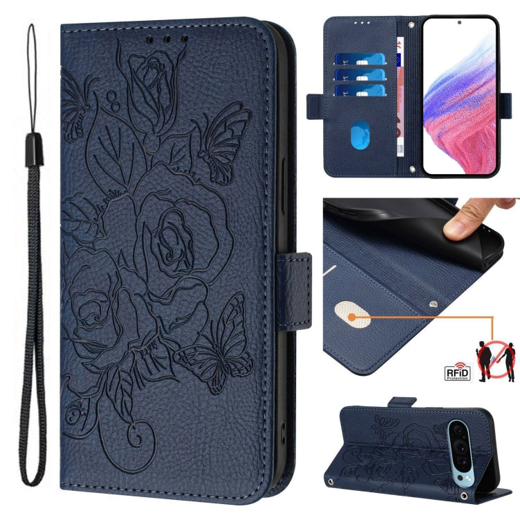 For Google Pixel 9 / 9 Pro Embossed Rose RFID Anti-theft Leather Phone Case(Dark Blue) - Google Cases by PMC Jewellery | Online Shopping South Africa | PMC Jewellery | Buy Now Pay Later Mobicred