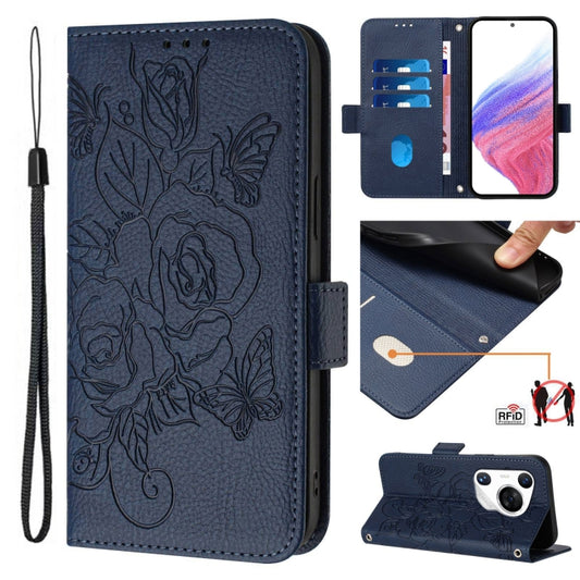 For Huawei Pura 70 Pro Embossed Rose RFID Anti-theft Leather Phone Case(Dark Blue) - Huawei Cases by PMC Jewellery | Online Shopping South Africa | PMC Jewellery | Buy Now Pay Later Mobicred