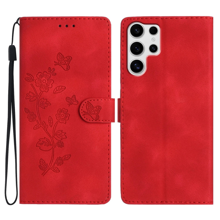 For Samsung Galaxy S25 Ultra 5G Flower Butterfly Embossing Pattern Leather Phone Case(Red) - Galaxy S25 Ultra 5G Cases by PMC Jewellery | Online Shopping South Africa | PMC Jewellery | Buy Now Pay Later Mobicred