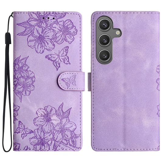 For Samsung Galaxy S25 5G Cherry Blossom Butterfly Skin Feel Embossed PU Phone Case(Purple) - Galaxy S25 5G Cases by PMC Jewellery | Online Shopping South Africa | PMC Jewellery | Buy Now Pay Later Mobicred