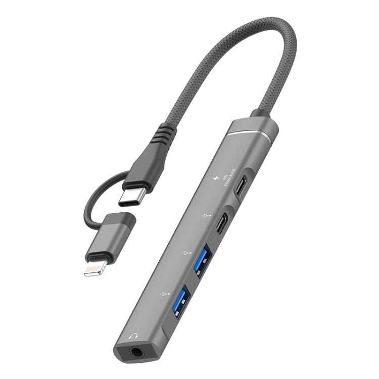 5 in 2 Multi-function HUB Adapter, Interface:USB-C / Type-C + 8 Pin(Grey) - USB HUB by PMC Jewellery | Online Shopping South Africa | PMC Jewellery | Buy Now Pay Later Mobicred