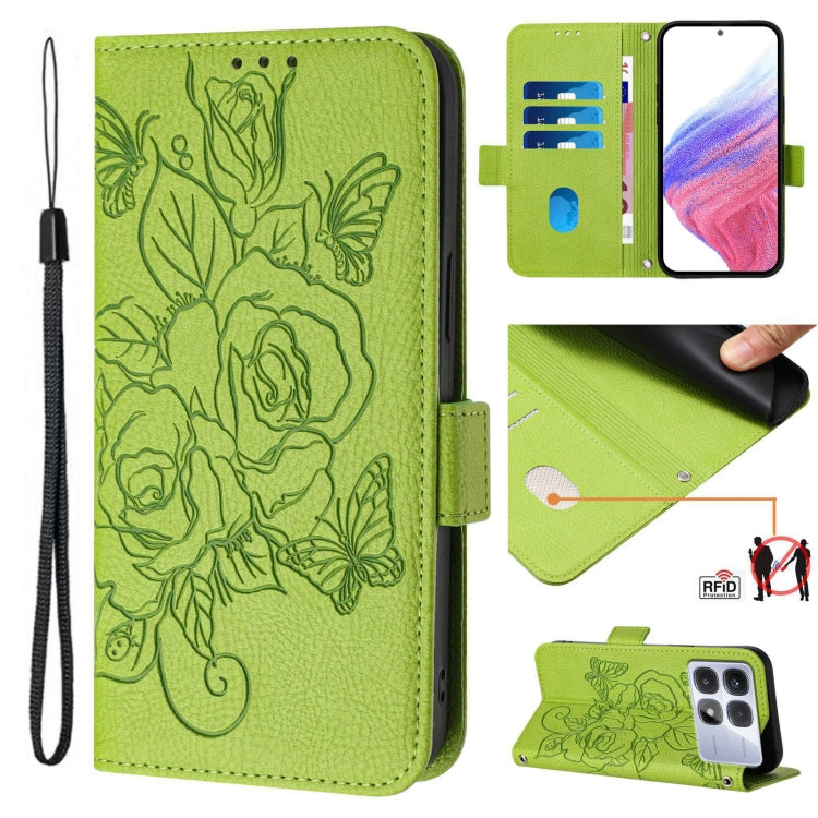 For Redmi K70 Ultra 5G Global Embossed Rose RFID Anti-theft Leather Phone Case(Green) - Xiaomi Cases by PMC Jewellery | Online Shopping South Africa | PMC Jewellery | Buy Now Pay Later Mobicred