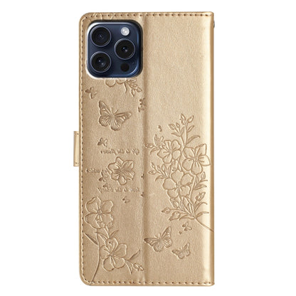 For iPhone 16 Pro Max Butterflies and Flowers Leather Phone Case(Gold) - iPhone 16 Pro Max Cases by PMC Jewellery | Online Shopping South Africa | PMC Jewellery | Buy Now Pay Later Mobicred