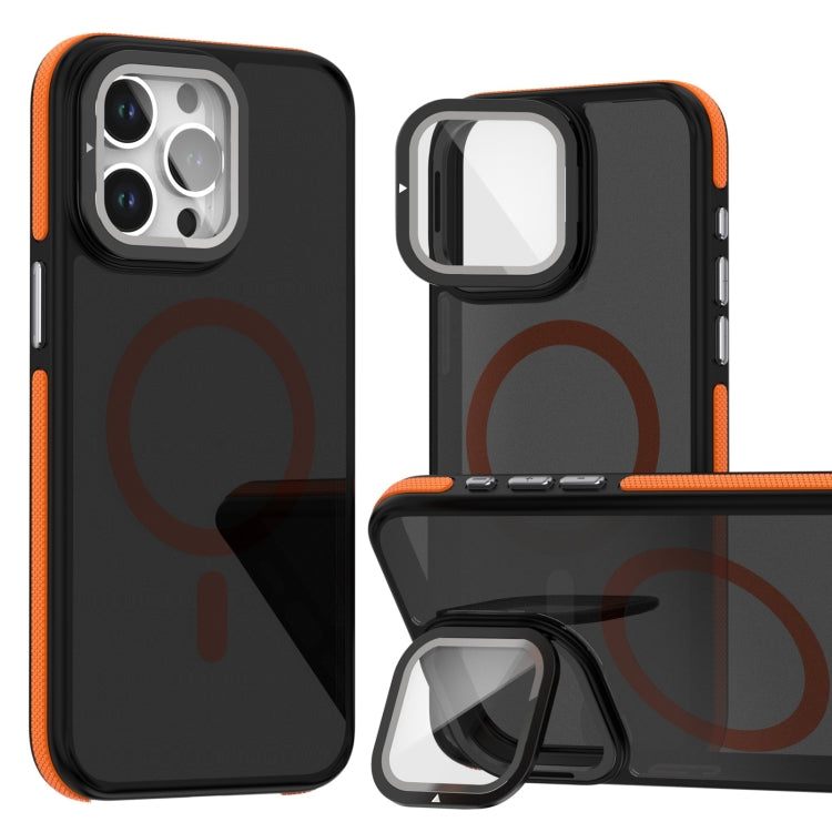 For iPhone 16 Pro Max Magsafe Dual-Color Skin Feel Lens Film Phone Case with Lens Fold Holder(Orange) - iPhone 16 Pro Max Cases by PMC Jewellery | Online Shopping South Africa | PMC Jewellery | Buy Now Pay Later Mobicred