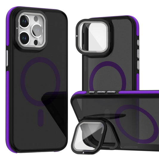 For iPhone 16 Pro Magsafe Dual-Color Skin Feel Lens Film Phone Case with Lens Fold Holder(Purple) - More iPhone Cases by PMC Jewellery | Online Shopping South Africa | PMC Jewellery | Buy Now Pay Later Mobicred