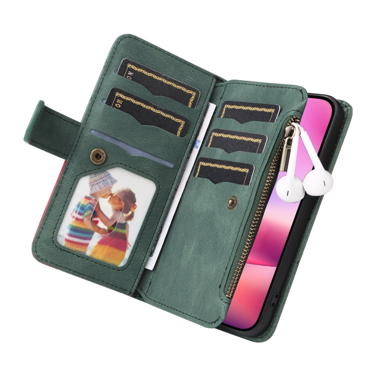 For iPhone 16 Dual-color 9 Card Slots Zipper Wallet Leather Phone Case(Green) - iPhone 16 Cases by PMC TechLife | Online Shopping South Africa | PMC TechLife | Buy Now Pay Later Mobicred
