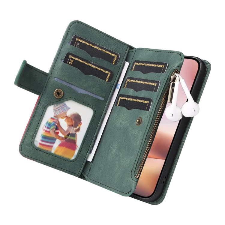 For iPhone 16 Plus Dual-color 9 Card Slots Zipper Wallet Leather Phone Case(Green) - free shipping - PMC TechLife - Order now!