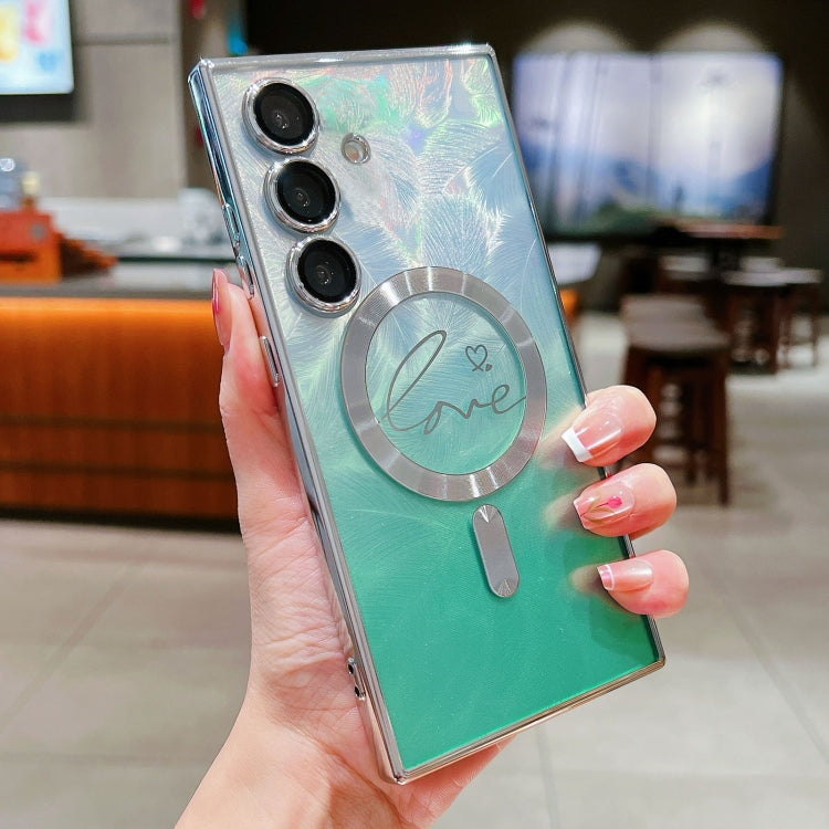 For Samsung Galaxy S25 5G Dual-Love Feather Gradient Glitter MagSafe TPU Phone Case(Green) - Galaxy S25 5G Cases by PMC Jewellery | Online Shopping South Africa | PMC Jewellery | Buy Now Pay Later Mobicred