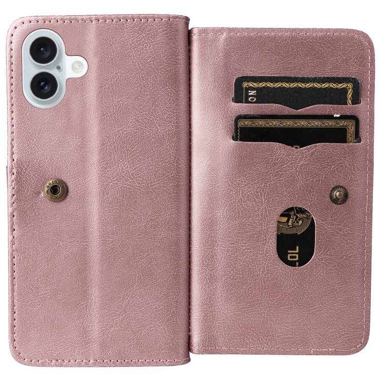For iPhone 16 Plus Multi-Function Wallet 10 Card Slots Leather Phone Case(Rose Gold) - iPhone 16 Plus Cases by PMC TechLife | Online Shopping South Africa | PMC TechLife | Buy Now Pay Later Mobicred