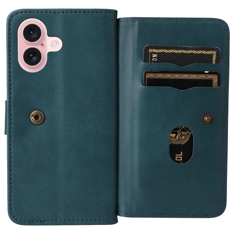 For iPhone 16 Multi-Function Wallet 10 Card Slots Leather Phone Case(Dark Green) - iPhone 16 Cases by PMC Jewellery | Online Shopping South Africa | PMC Jewellery | Buy Now Pay Later Mobicred