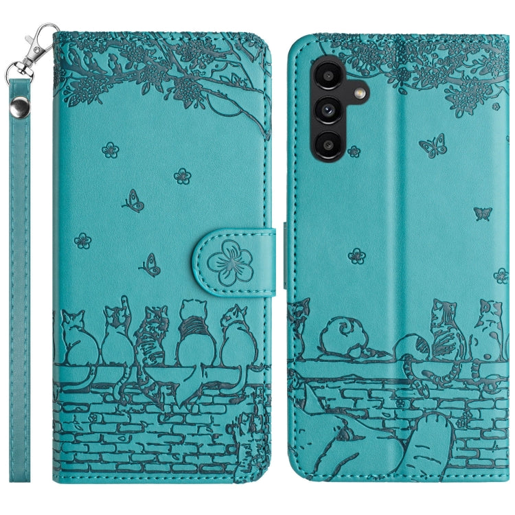 For Samsung Galaxy S25 5G Cat Embossing Pattern Leather Phone Case with Lanyard(Blue) - Galaxy S25 5G Cases by PMC Jewellery | Online Shopping South Africa | PMC Jewellery | Buy Now Pay Later Mobicred