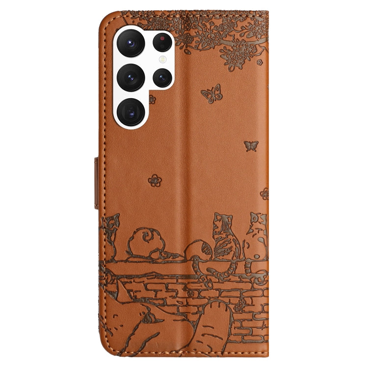 For Samsung Galaxy S25 Ultra 5G Cat Embossing Pattern Leather Phone Case with Lanyard(Brown) - Galaxy S25 Ultra 5G Cases by PMC Jewellery | Online Shopping South Africa | PMC Jewellery | Buy Now Pay Later Mobicred