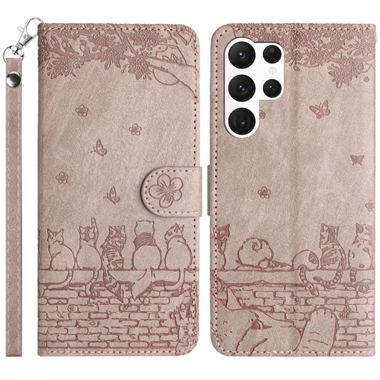 For Samsung Galaxy S25 Ultra 5G Cat Embossing Pattern Leather Phone Case with Lanyard(Grey) - Galaxy S25 Ultra 5G Cases by PMC Jewellery | Online Shopping South Africa | PMC Jewellery | Buy Now Pay Later Mobicred