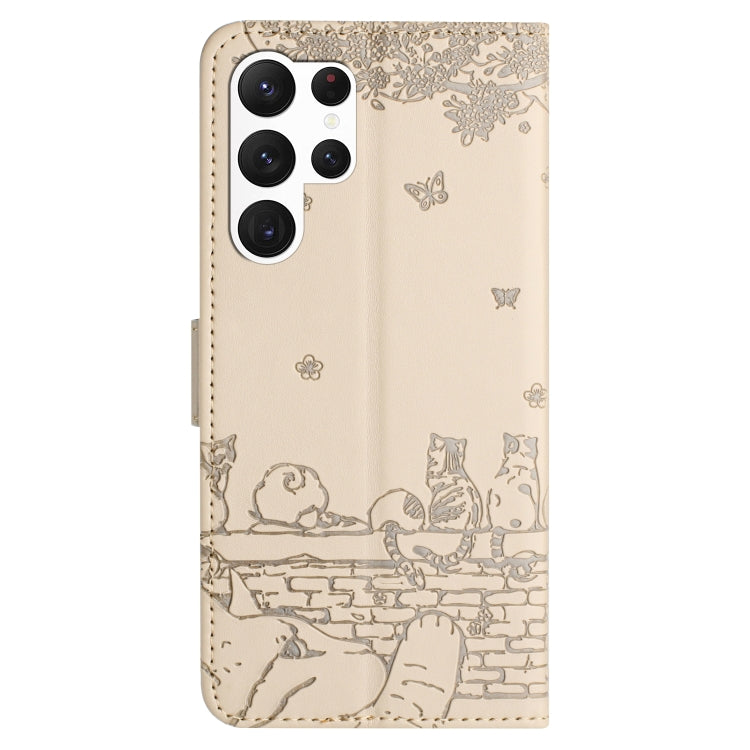 For Samsung Galaxy S25 Ultra 5G Cat Embossing Pattern Leather Phone Case with Lanyard(Beige) - Galaxy S25 Ultra 5G Cases by PMC Jewellery | Online Shopping South Africa | PMC Jewellery | Buy Now Pay Later Mobicred