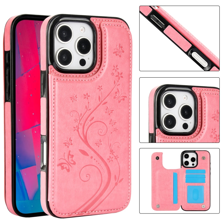 For iPhone 16 Pro Max Double Buckle Butterfly Embossing PU Phone Case(Pink) - iPhone 16 Pro Max Cases by PMC Jewellery | Online Shopping South Africa | PMC Jewellery | Buy Now Pay Later Mobicred