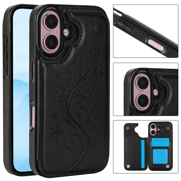 For iPhone 16 Plus Double Buckle Butterfly Embossing PU Phone Case(Black) - iPhone 16 Plus Cases by PMC Jewellery | Online Shopping South Africa | PMC Jewellery | Buy Now Pay Later Mobicred