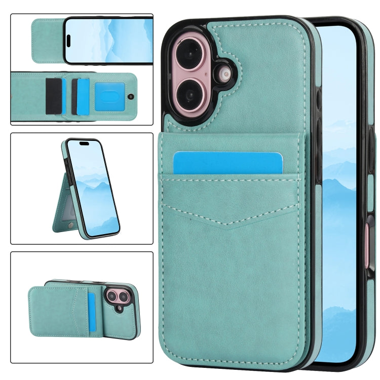 For iPhone 16 Solid Color Card Slots Bracket PU Phone Case(Mint Green) - iPhone 16 Cases by PMC TechLife | Online Shopping South Africa | PMC TechLife | Buy Now Pay Later Mobicred