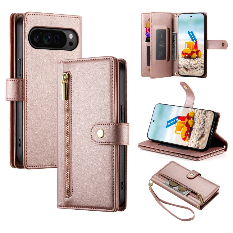 For Google Pixel 9 Pro XL Nine Card-slot Zipper Wallet Bag Leather Phone Case(Pink) - Google Cases by PMC Jewellery | Online Shopping South Africa | PMC Jewellery | Buy Now Pay Later Mobicred