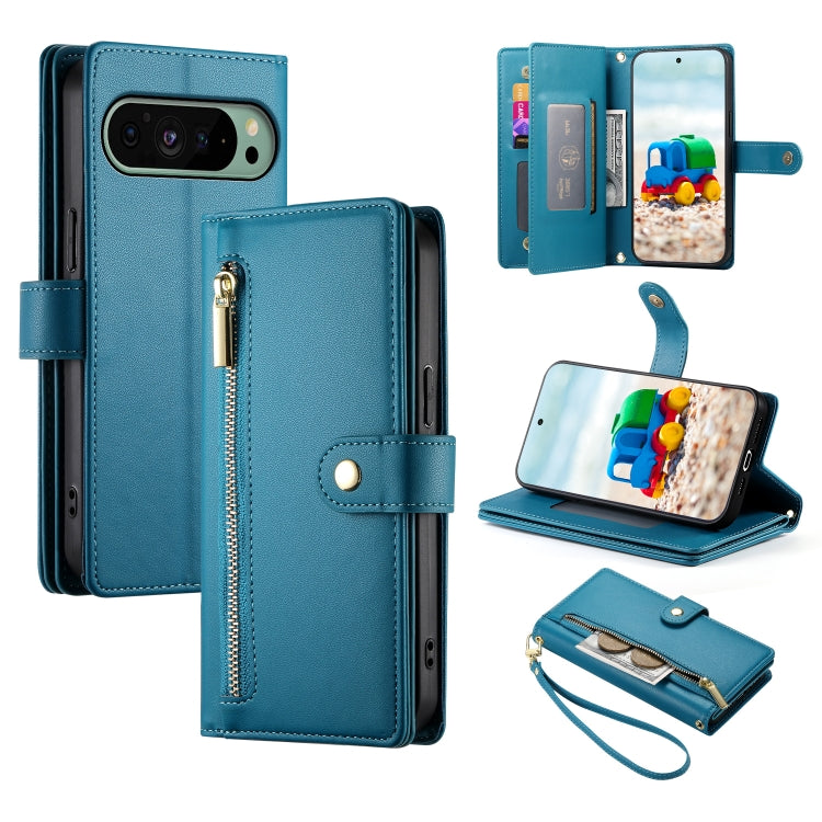 For Google Pixel 9 / 9 Pro Nine Card-slot Zipper Wallet Bag Leather Phone Case(Blue) - Google Cases by PMC Jewellery | Online Shopping South Africa | PMC Jewellery | Buy Now Pay Later Mobicred