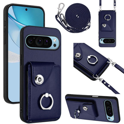 For Google Pixel 9 / 9 Pro Organ Card Bag Ring Holder Phone Case with Long Lanyard(Blue) - Google Cases by PMC Jewellery | Online Shopping South Africa | PMC Jewellery | Buy Now Pay Later Mobicred