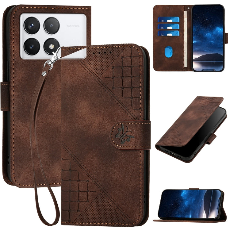 For Redmi K70 YX0080 Grid Butterfly Embossed Pattern Flip Leather Phone Case with Lanyard(Coffee) - K70 Cases by PMC Jewellery | Online Shopping South Africa | PMC Jewellery | Buy Now Pay Later Mobicred