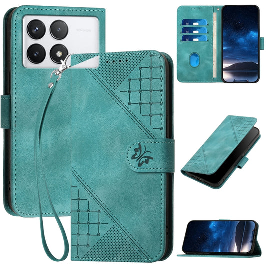 For Redmi K70 YX0080 Grid Butterfly Embossed Pattern Flip Leather Phone Case with Lanyard(Light Blue) - K70 Cases by PMC Jewellery | Online Shopping South Africa | PMC Jewellery | Buy Now Pay Later Mobicred