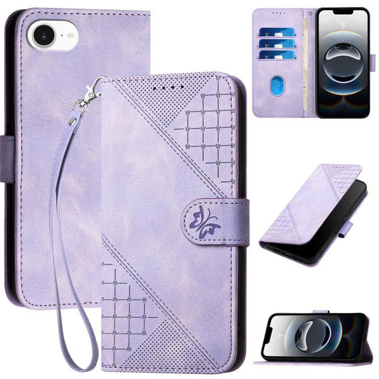 For iPhone 16e YX0080 Grid Butterfly Embossed Pattern Flip Leather Phone Case with Lanyard(Light Purple) - iPhone 16e Cases by PMC Jewellery | Online Shopping South Africa | PMC Jewellery | Buy Now Pay Later Mobicred