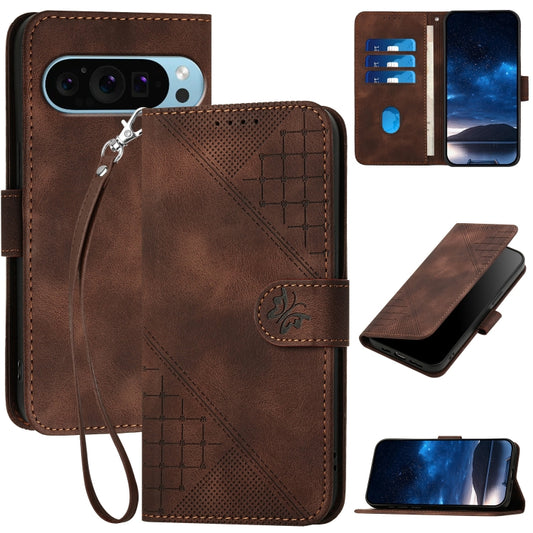 For Google Pixel 9 / 9 Pro YX0080 Grid Butterfly Embossed Pattern Flip Leather Phone Case with Lanyard(Coffee) - Google Cases by PMC Jewellery | Online Shopping South Africa | PMC Jewellery | Buy Now Pay Later Mobicred