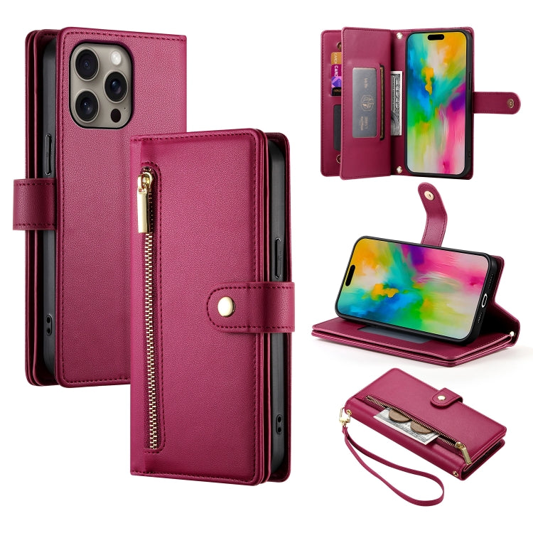 For iPhone 16 Pro Max Nine Card-slot Zipper Wallet Bag Leather Phone Case(Red) - iPhone 16 Pro Max Cases by PMC TechLife | Online Shopping South Africa | PMC TechLife | Buy Now Pay Later Mobicred