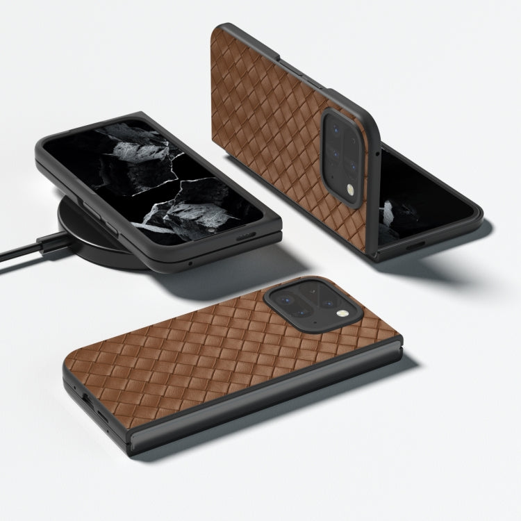 For Google Pixel 9 Pro Fold Black Frame Woven Texture PU Phone Case(Brown) - Google Cases by PMC TechLife | Online Shopping South Africa | PMC TechLife | Buy Now Pay Later Mobicred