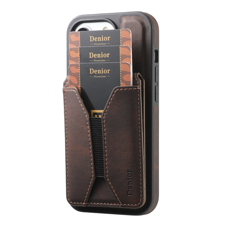 For iPhone 16 Denior D18 Skin Feel Rotating Holder MagSafe Detachable Card Slot Phone Case(Brown) - iPhone 16 Cases by Denior | Online Shopping South Africa | PMC Jewellery | Buy Now Pay Later Mobicred