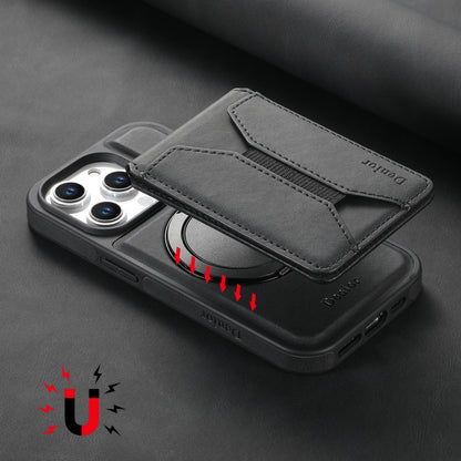 For iPhone 16 Denior D18 Skin Feel Rotating Holder MagSafe Detachable Card Slot Phone Case(Black) - iPhone 16 Cases by Denior | Online Shopping South Africa | PMC Jewellery | Buy Now Pay Later Mobicred