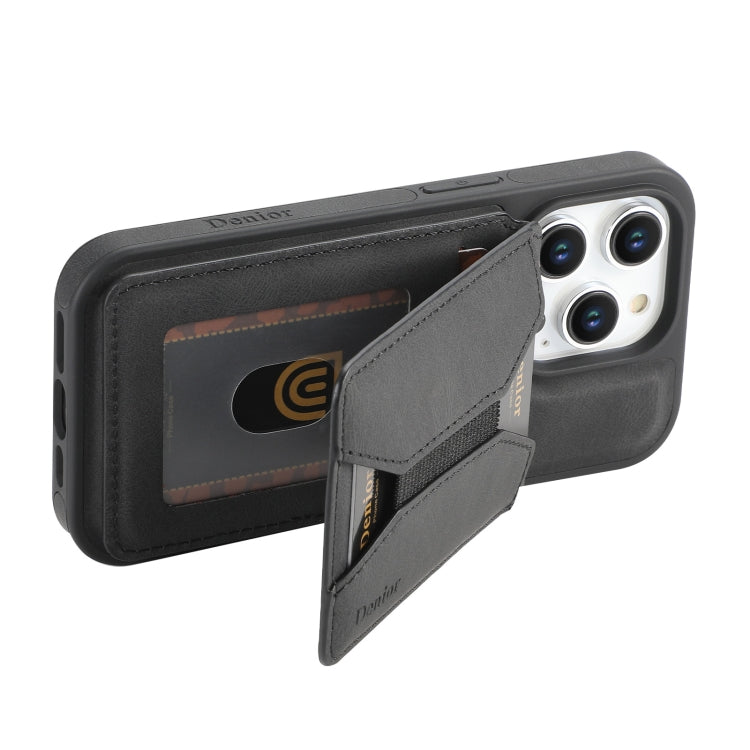 For iPhone 16 Denior D18 Skin Feel Rotating Holder MagSafe Detachable Card Slot Phone Case(Black) - iPhone 16 Cases by Denior | Online Shopping South Africa | PMC Jewellery | Buy Now Pay Later Mobicred