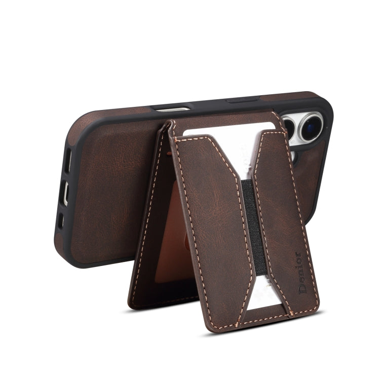 For iPhone 16 Plus Denior D18 Skin Feel Rotating Holder MagSafe Detachable Card Slot Phone Case(Brown) - iPhone 16 Plus Cases by Denior | Online Shopping South Africa | PMC Jewellery | Buy Now Pay Later Mobicred