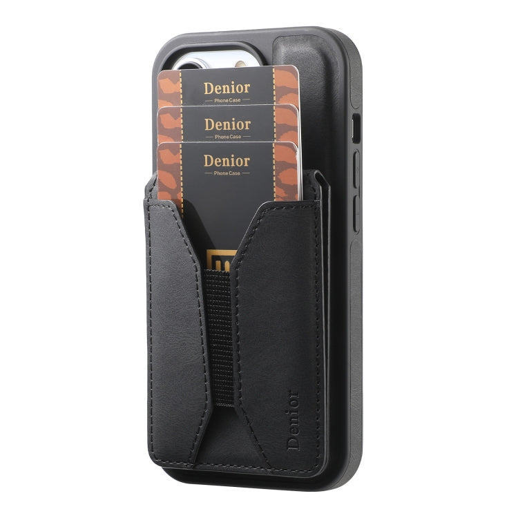 For iPhone 16 Plus Denior D18 Skin Feel Rotating Holder MagSafe Detachable Card Slot Phone Case(Black) - iPhone 16 Plus Cases by Denior | Online Shopping South Africa | PMC Jewellery | Buy Now Pay Later Mobicred