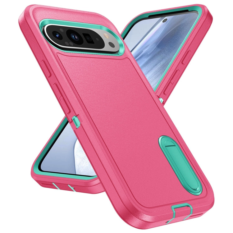 For Google Pixel 9 Pro Rugged PC + Silicone Phone Case with Holder(Rose Red+Light Green) - Google Cases by PMC Jewellery | Online Shopping South Africa | PMC Jewellery | Buy Now Pay Later Mobicred