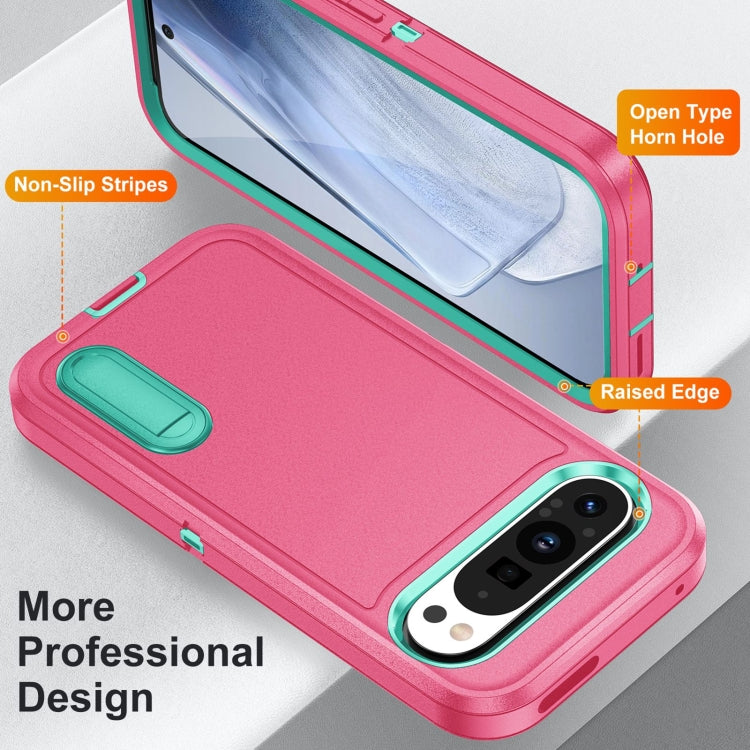 For Google Pixel 9 Pro Rugged PC + Silicone Phone Case with Holder(Rose Red+Light Green) - Google Cases by PMC TechLife | Online Shopping South Africa | PMC TechLife | Buy Now Pay Later Mobicred
