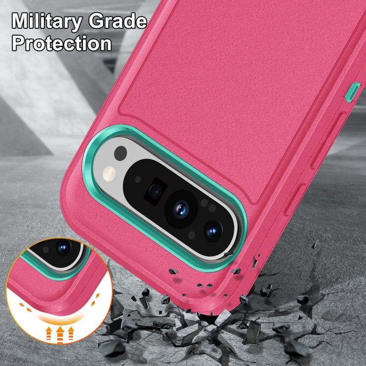 For Google Pixel 9 Pro Rugged PC + Silicone Phone Case with Holder(Rose Red+Light Green) - Google Cases by PMC TechLife | Online Shopping South Africa | PMC TechLife | Buy Now Pay Later Mobicred