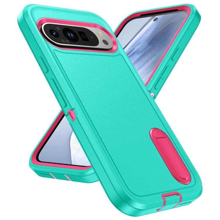 For Google Pixel 9 Pro Rugged PC + Silicone Phone Case with Holder(Light Green+Rose Red) - Google Cases by PMC Jewellery | Online Shopping South Africa | PMC Jewellery | Buy Now Pay Later Mobicred