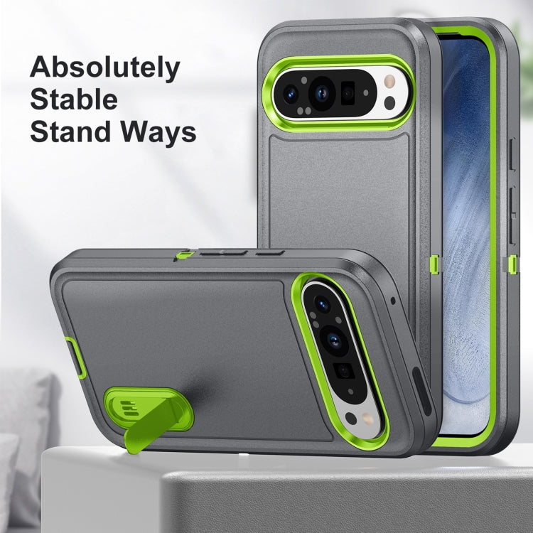 For Google Pixel 9 Rugged PC + Silicone Phone Case with Holder(Grey+Fresh Green) - Google Cases by PMC Jewellery | Online Shopping South Africa | PMC Jewellery | Buy Now Pay Later Mobicred