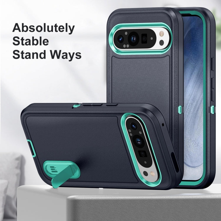 For Google Pixel 9 Rugged PC + Silicone Phone Case with Holder(Dark Blue+Light Green) - Google Cases by PMC Jewellery | Online Shopping South Africa | PMC Jewellery | Buy Now Pay Later Mobicred